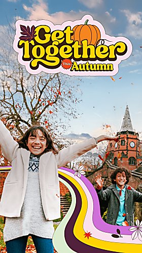 Two children looking at the camera and smiling, with leaves falling around them. The image has text which says 'Get Together this Autumn'.