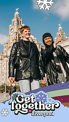 Two people walking on Pier Head in Liverpool with the Royal Liver Building in the background. A logo over the image says Get Together in Liverpool.