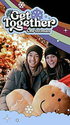 Two people holding a large gingerbread man at a Christmas Market. There is a graphic ove the top that says Get together this Christmas.