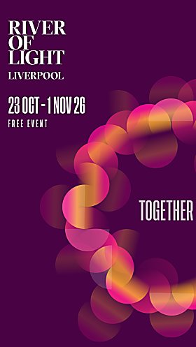 A purple background with the text, River of Light Liverpool 23 October - 1 November in white text. There are orange and pink circles in a pattern on the image.