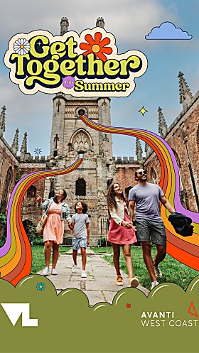 A family of four walking through a church garden with a graphic that says 'Get Together this Summer' in green text. Illustrations of colourful patterns are over the image.