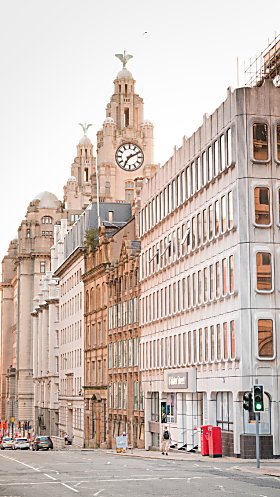 Looking down Water Street towards the Royal Liver Building in the day time