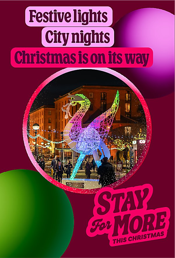 A pink background with a circle in the middle, there is a picture of a liver bird in different colours. the text says 'Festive Lights, city nights, christmas is on it's way'