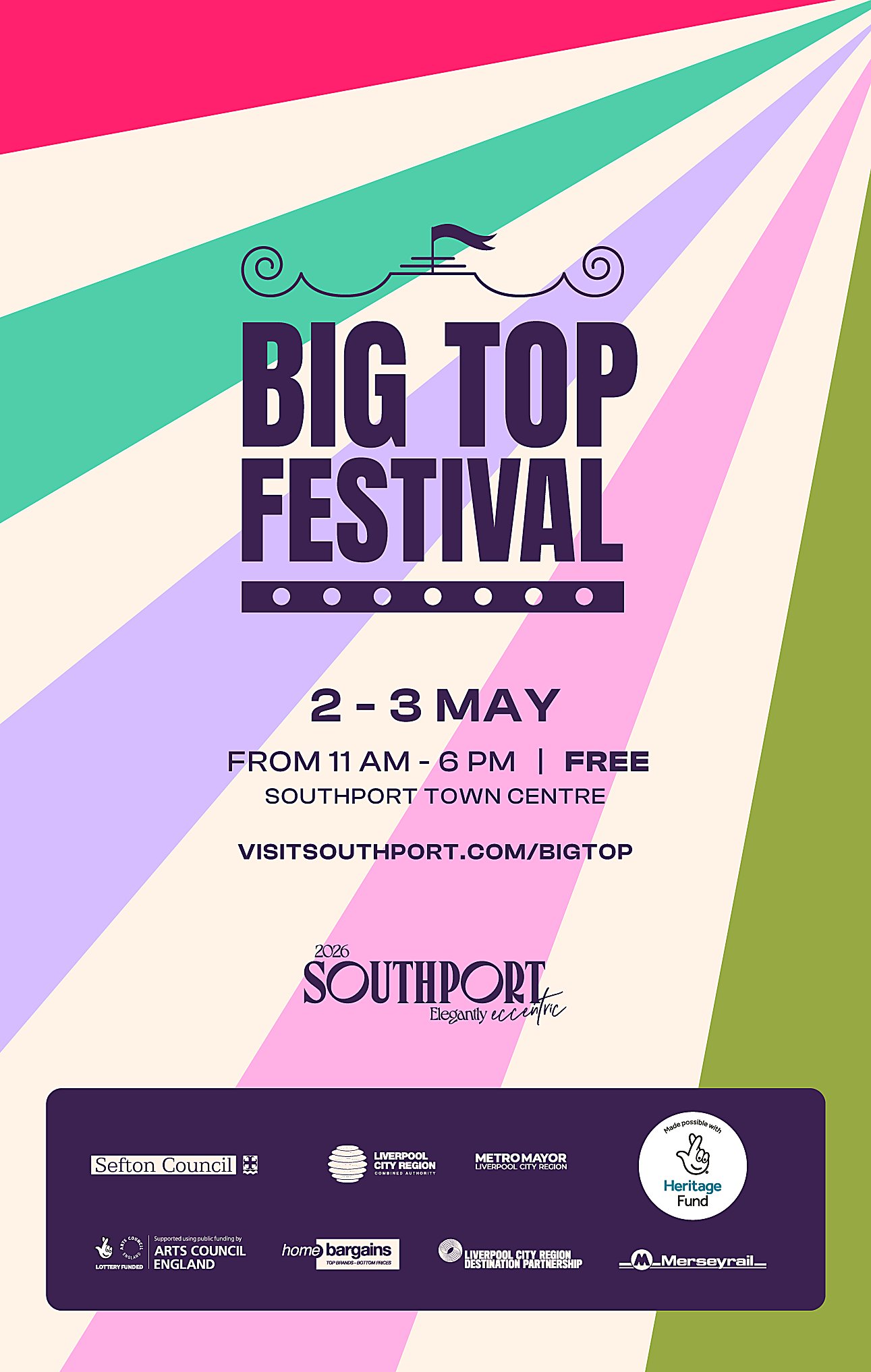 A web asset for Big Top festival which is written in large purple text in the middle. There are pink, green, purple and cream stripes coming from the top right corner.