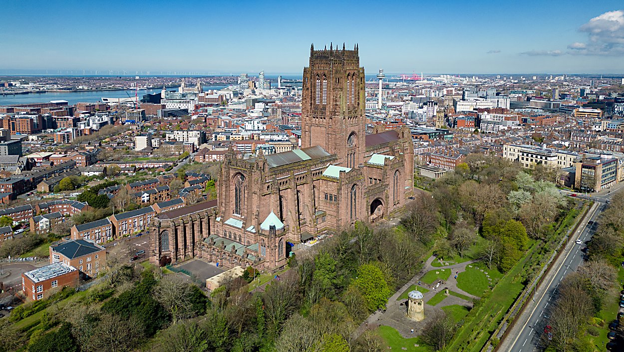 drone shot of Liverpool Cathedral and city centre