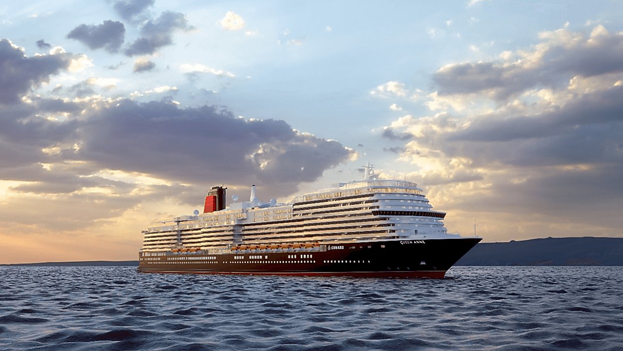 A CGI image of Queen Anne Ship sailing in the water.