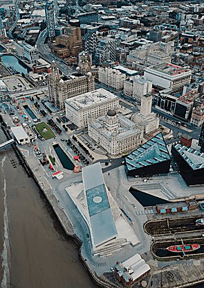 A birds eye view shot of Liverpool's Pier Head