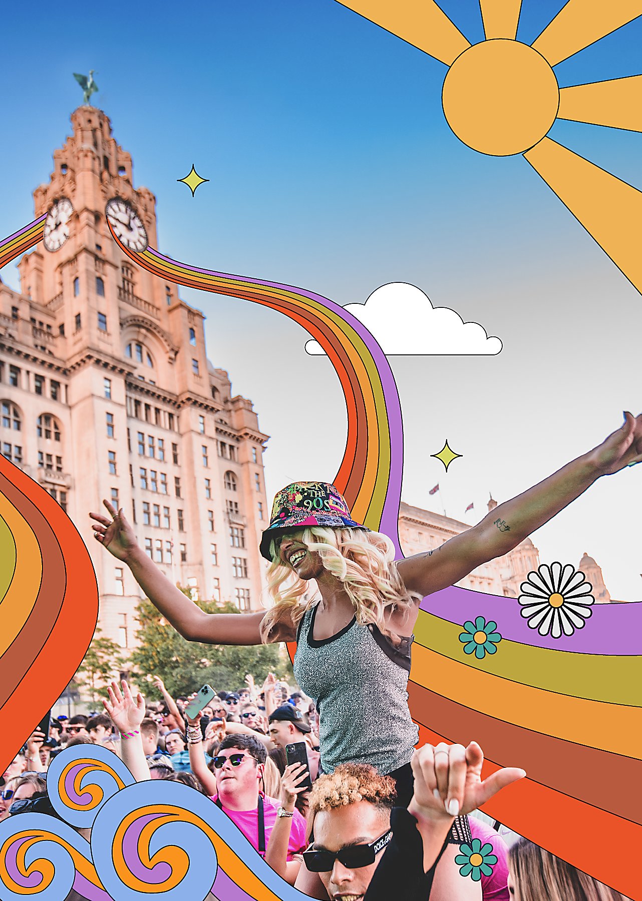 A person on someone's shoulders at a festival with the Liver Building in the background.