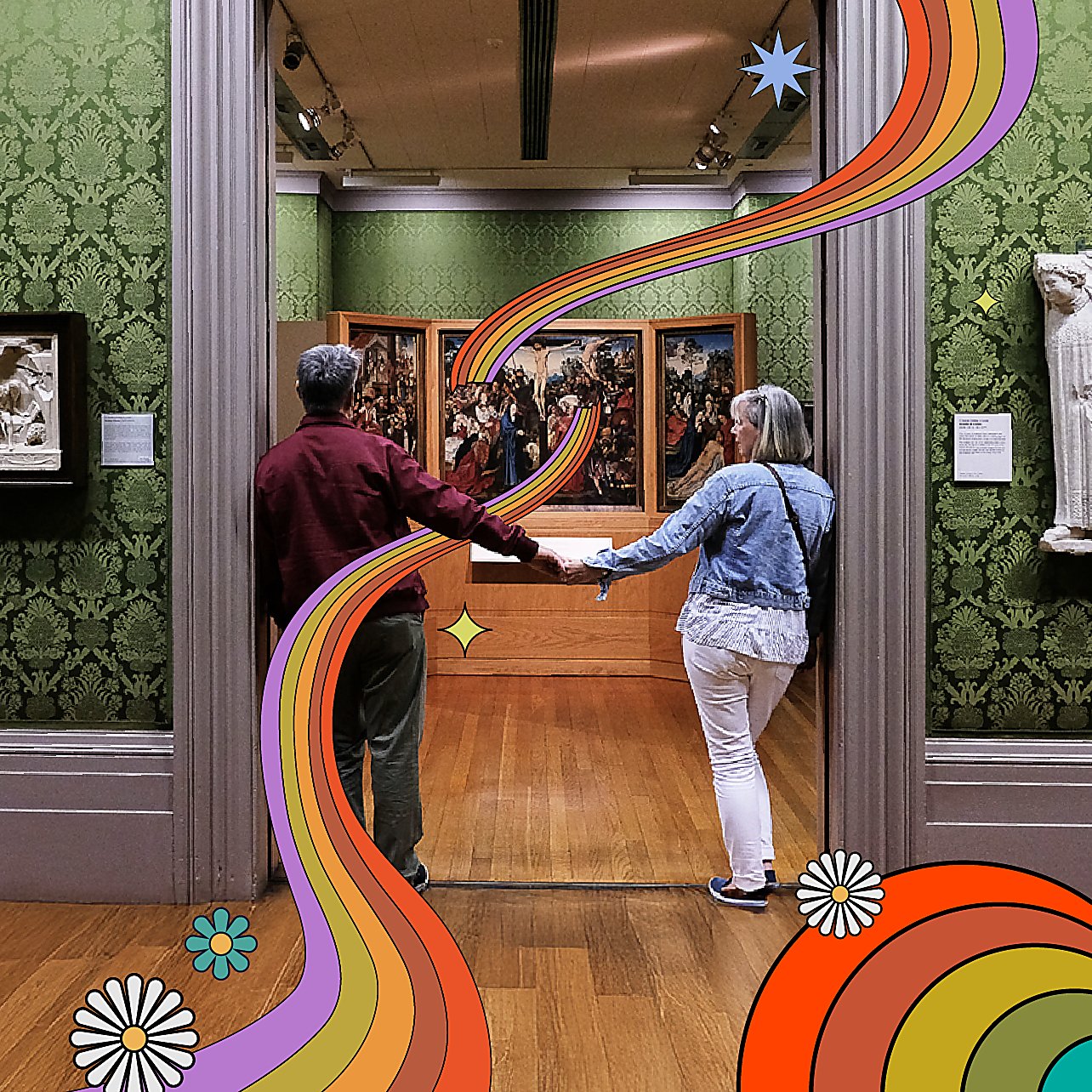 Two people holding hands walking through to another room in a museum.
