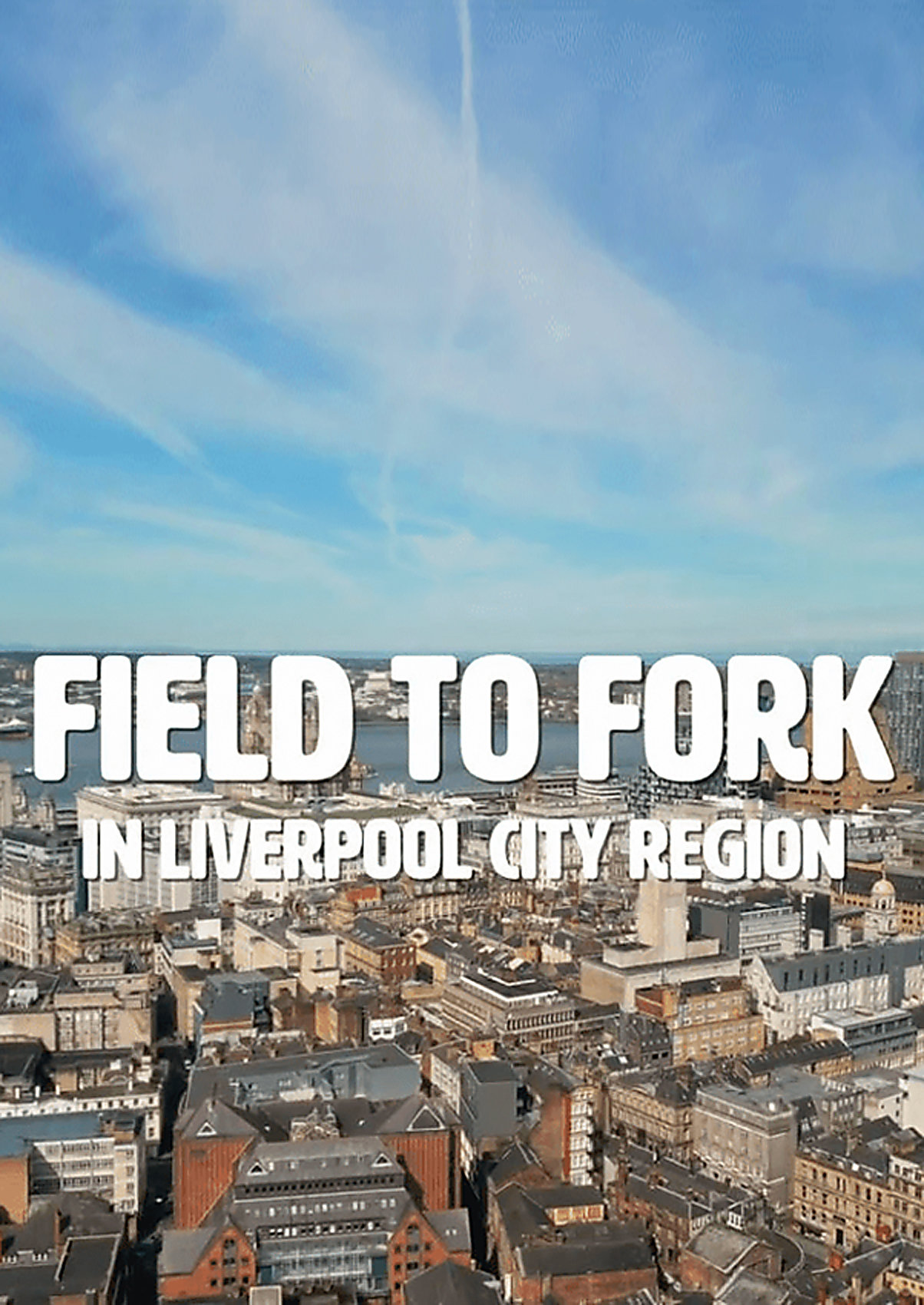 A birds eye view of Liverpool city centre with the text saying Field To Fork in Liverpool City Region on it.