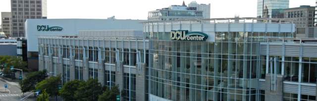 An outside view of the DCU Center Convention Center during the day