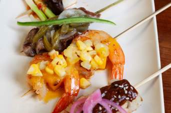 Chicken Mole, Shrimp, and Braised Eggplant Skewers