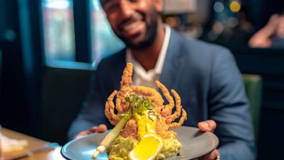 Man holding Hallelujah Crab from Juban's Restaurant in Baton Rouge