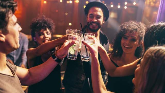 Group of People Holding Drinking Glasses Up for a Toast