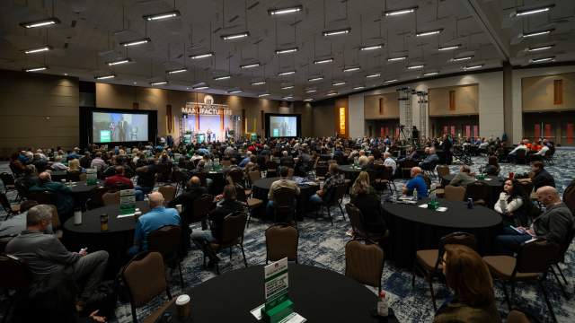 Taneycomo Ballroom set with round tables during a conference