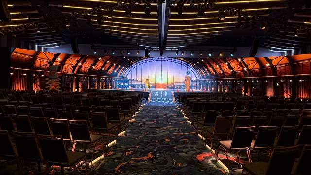 A convention center ballroom stage showcasing audiovisual services at Broward County Convention Center