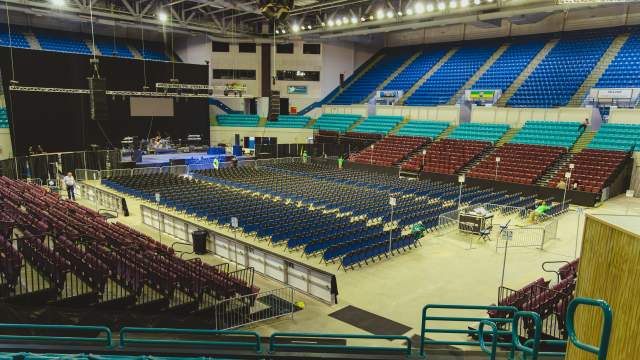 Arena set up for a concert with floor seating