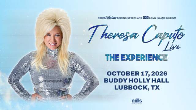 Theresa Caputo Live: The Experience, October 17th, 2026, at The Buddy Holly Hall in Lubbock, Texas. Light blue background, Theresa Caputo smiling.