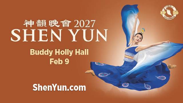 Shen Yun! Promotional graphic featuring Shen Yun in performance. Tuesday, February 9, 2026, at Buddy Holly Hall.