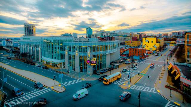 Outdoor view of DCU Center Convention Center during the day
