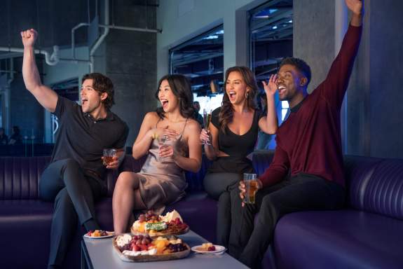 Fans cheering in a premium hospitality suite