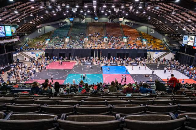 15 wrestling mats covering the arena floor with wrestlers preparing for their matches