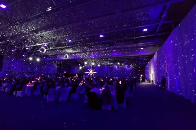 Exhibit Hall Ceiling Washed in Star-Like Lighting for a Holiday Party