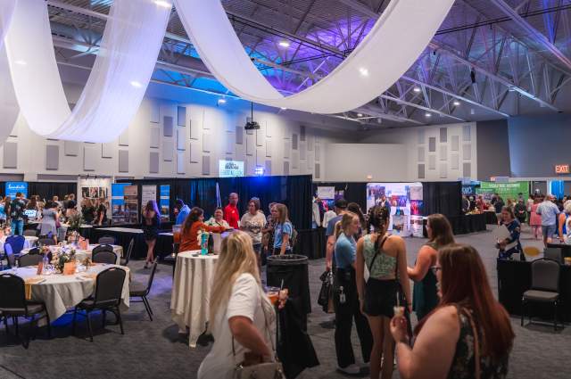 Ceiling Drapery Overhead of Vendor Booths for a Bridal Show