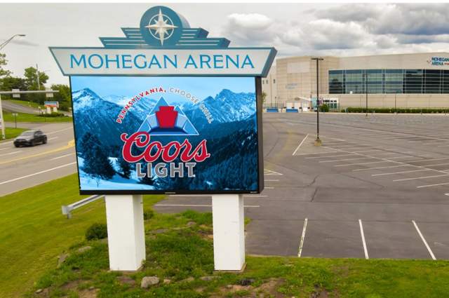 Aerial photo of the outdoor marquee with the Mohegan Arena at Casey Plaza in the background