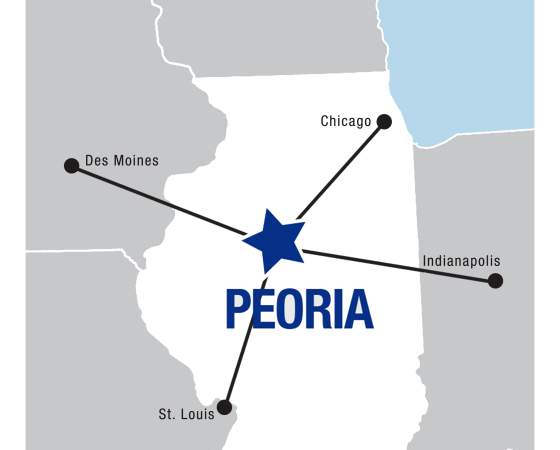 Map of Major Cities around Peoria, IL