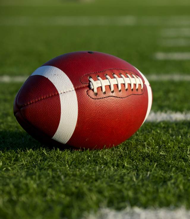A football laying on a field.