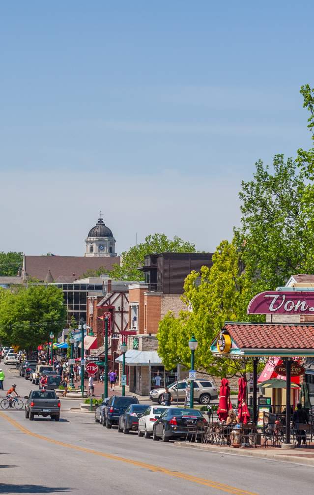 Downtown Bloomington view of Kirkwood Avenue in the spring