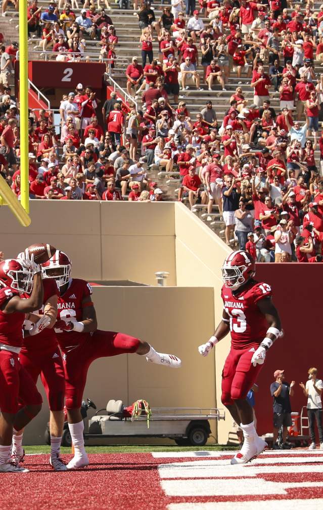 Hoosiers celebrating a touchdown on the field