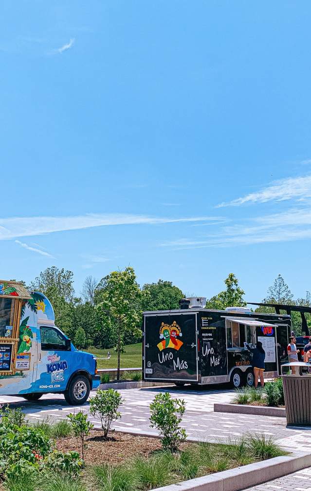 Food trucks lined up at Switchyard Park for Food Truck Friday