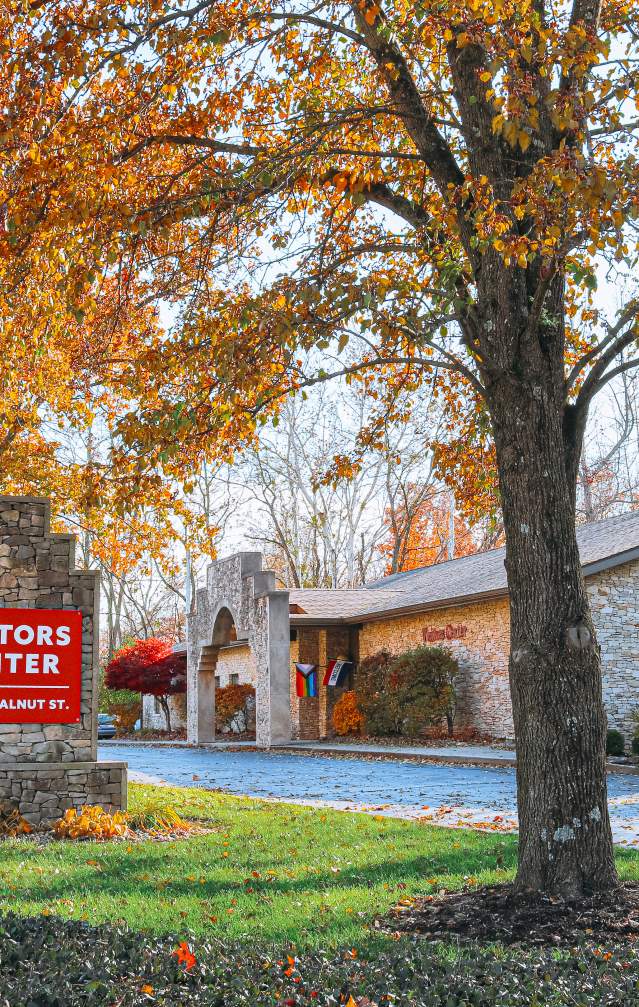 Exterior of the Bloomington Visitors Center on a fall day