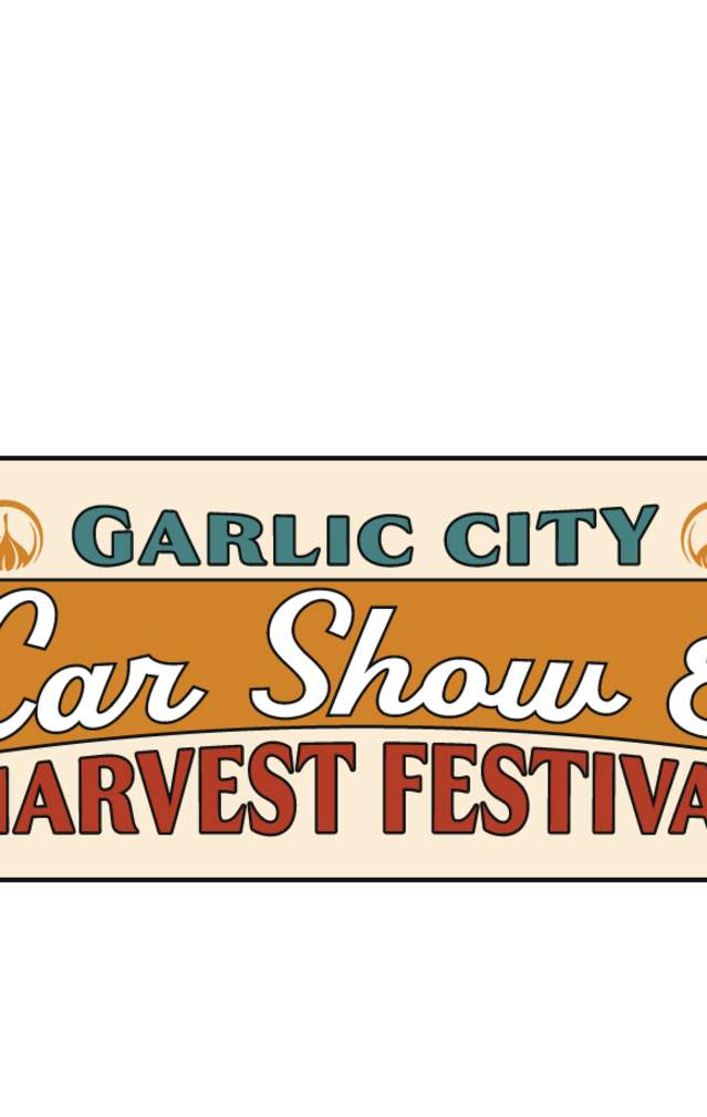 Festive pumpkins, corn, and leaves surrounding Garlic City Car Show & Harvest Festival