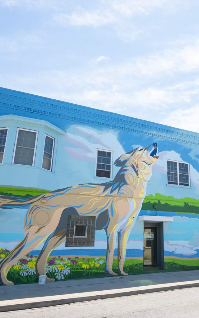 Wolf and Fox mural at Wells and Fourth Streets, created by Jerrod Tobias