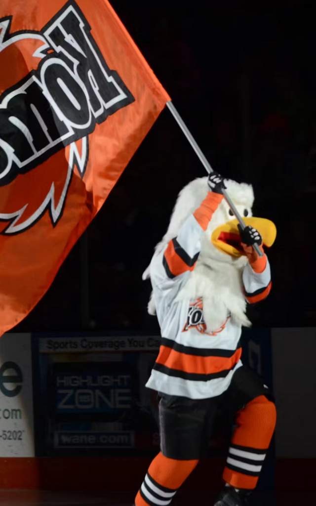Icy the Eagle running with the Komets Flag