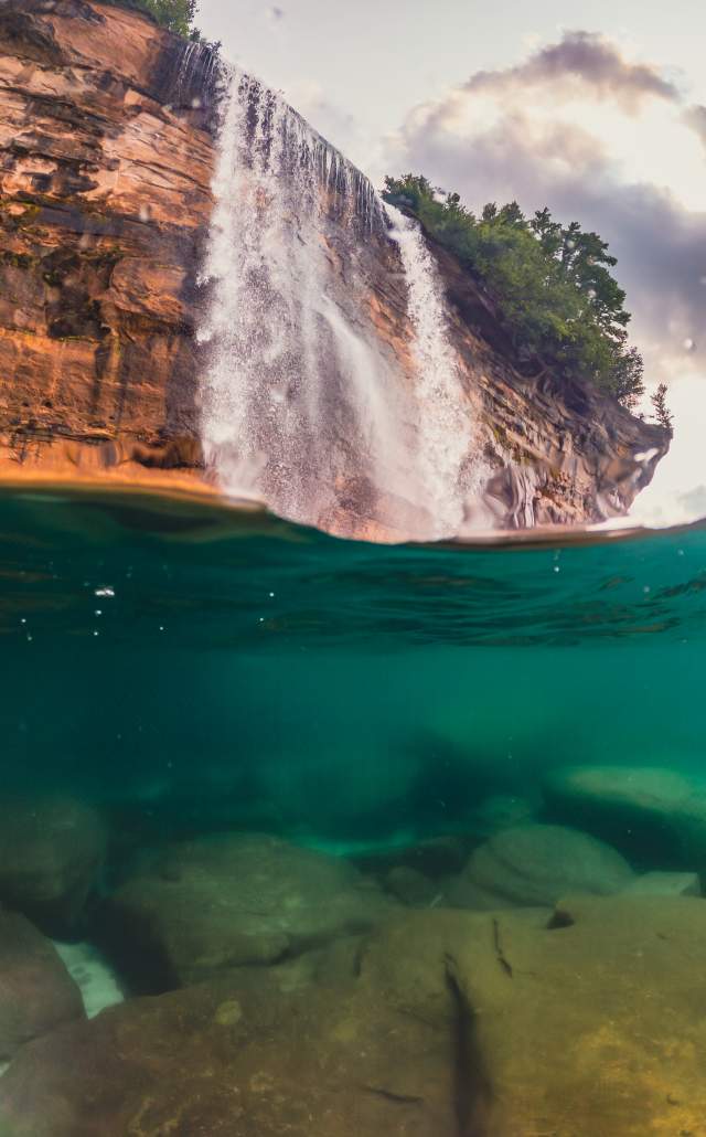 A partial underwater view of Spray Falls, located in Pictured Rocks National Lakeshore