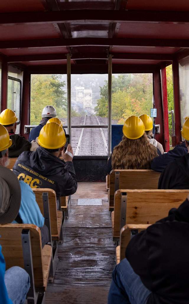 taking the trolley train at the Quincy Mine in the Upper Peninsula, Michigan USA