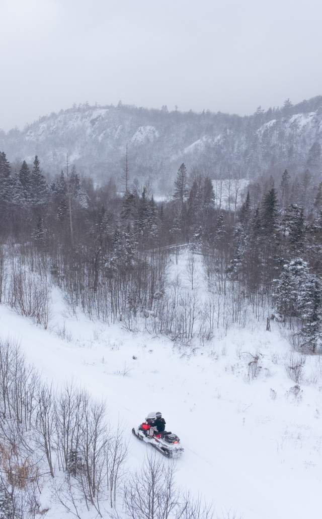a snowmobiler looking over a wintery landscape