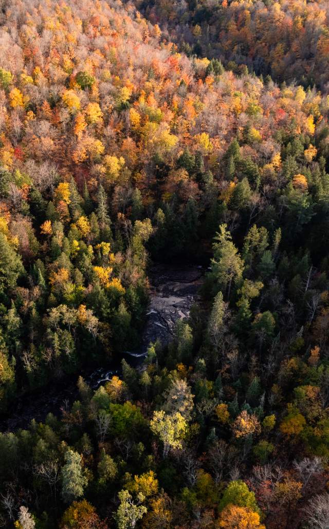 Aerial view of Canyon Falls in the fall, located in the Upper Peninsula of Michigan