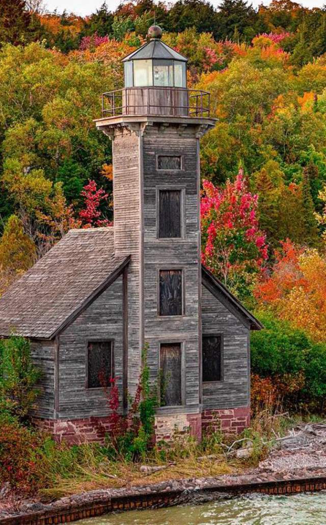 Grand Island Lighthouse on a fall day, located in the Upper Peninsula, MI