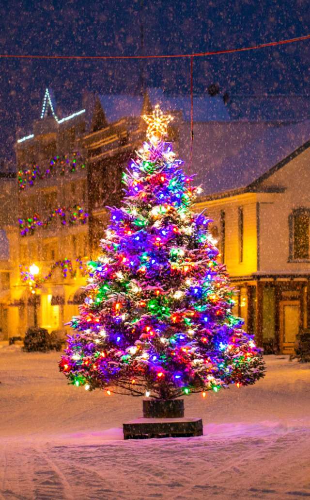 Christmas tree glowing on Mackinac Island, located in the Upper Peninsula of Michigan