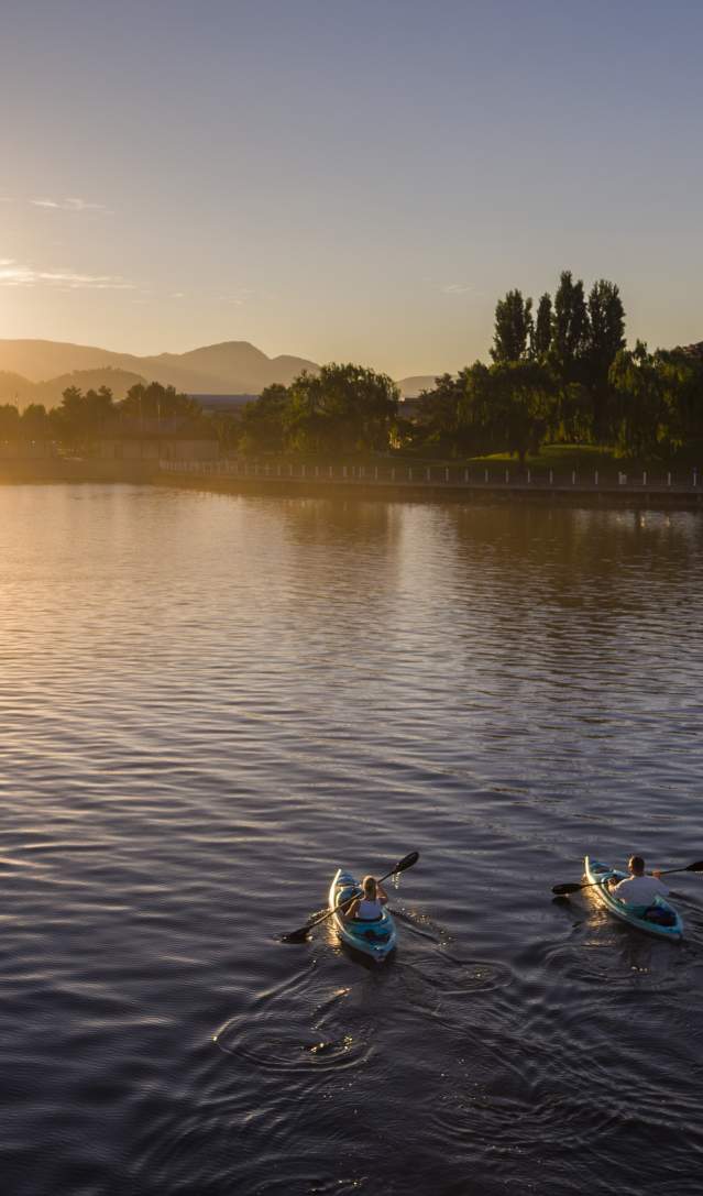 Kayaks on the lake in downtown Kelowna