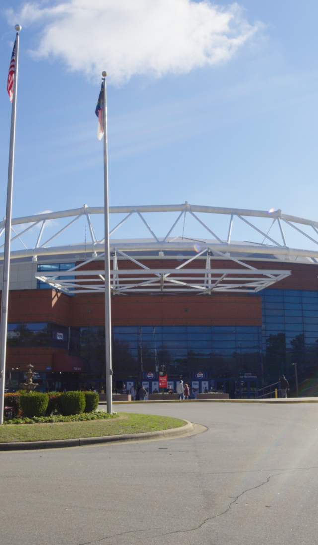 Fayetteville, NC's Crown Complex main entrance on a sunny day