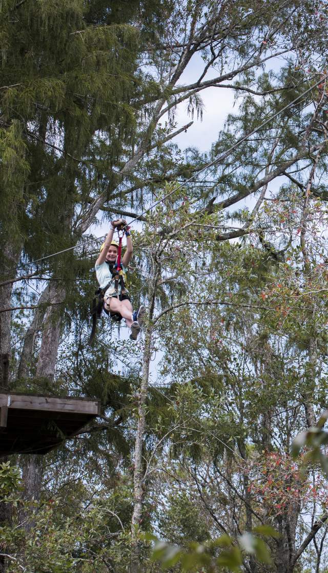 A person zips down a cable at The Swamp Park in Ocean Isle Beach, surrounded by lush green trees and others watching from the platform below.