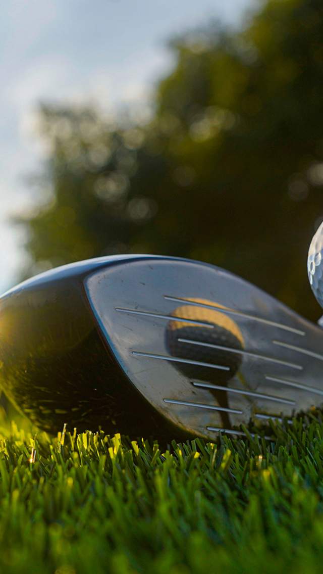 Golfball og golfkølle på golfbanen