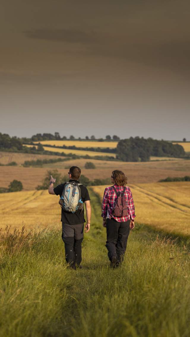 Two people walk away from the camera pointing into the distance. The background shows the Lincolnshire Wolds hills at sunset.