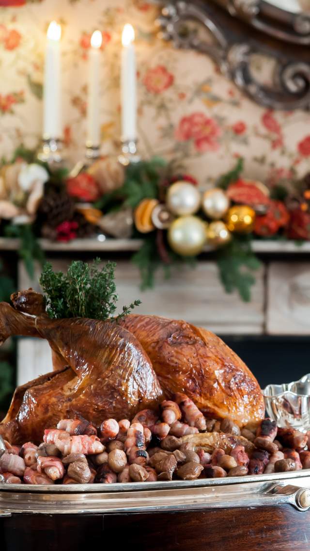 Christmas Day feast of turkey and pigs in blankets at Summer Lodge Country House Hotel in Dorset